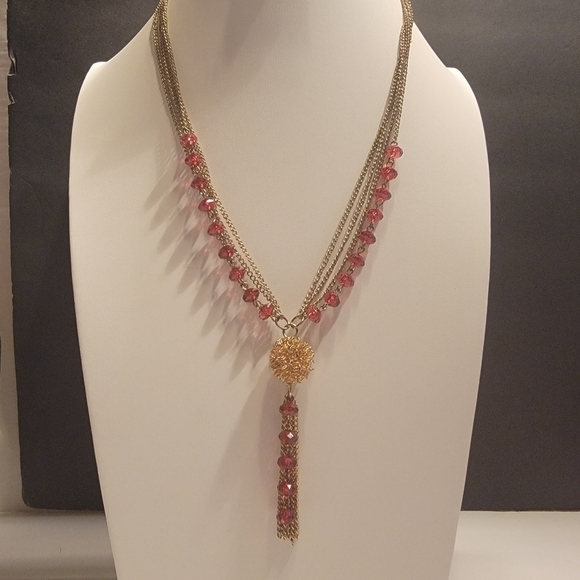 unbranded Jewelry - Antique Goldtone 4Chain and Rose Acrylic Bead Necklace with Goldball, Tassel